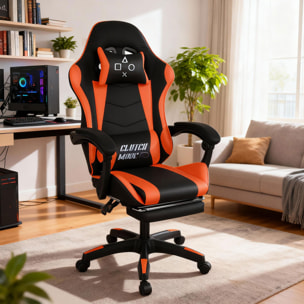 Clutch - Sedia da Gaming Ergonomica con Cuscino Lombare Poggiatesta e Poggiapiedi in PVC Nera e Rossa