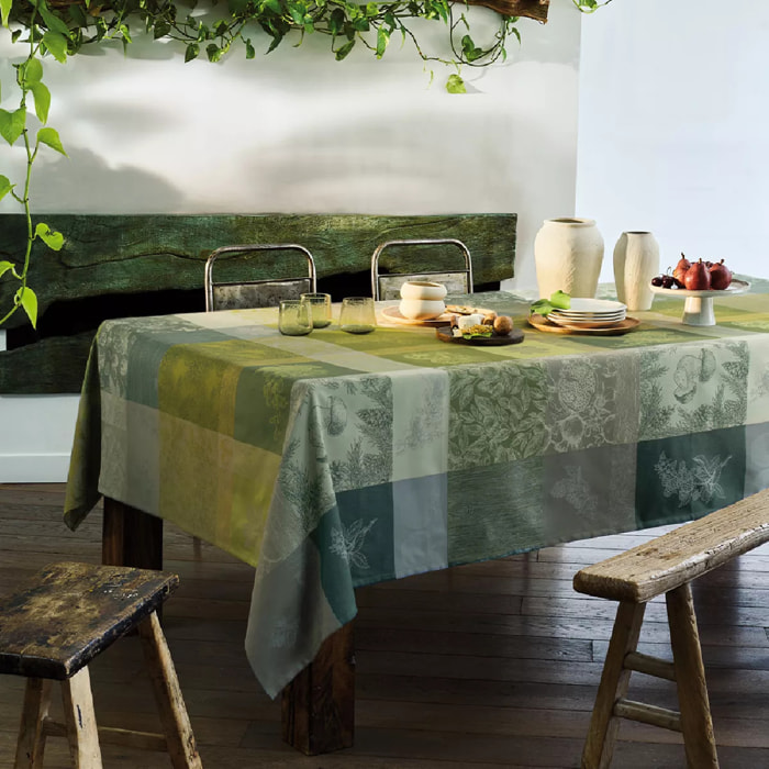 Nappe pur coton enduit motif jacquard vert Mille bois d'automne mousse