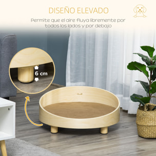 Cama de Madera para Perros Gatos Sofá Redondo para Mascotas Pequeñas con Cojín Acolchado y Patas Ø59x23,5 cm Natural