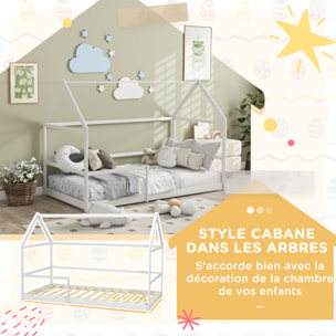 Lit cabane enfant 90x190cm - sommier et barrière inclus - bois pin panneaux blanc