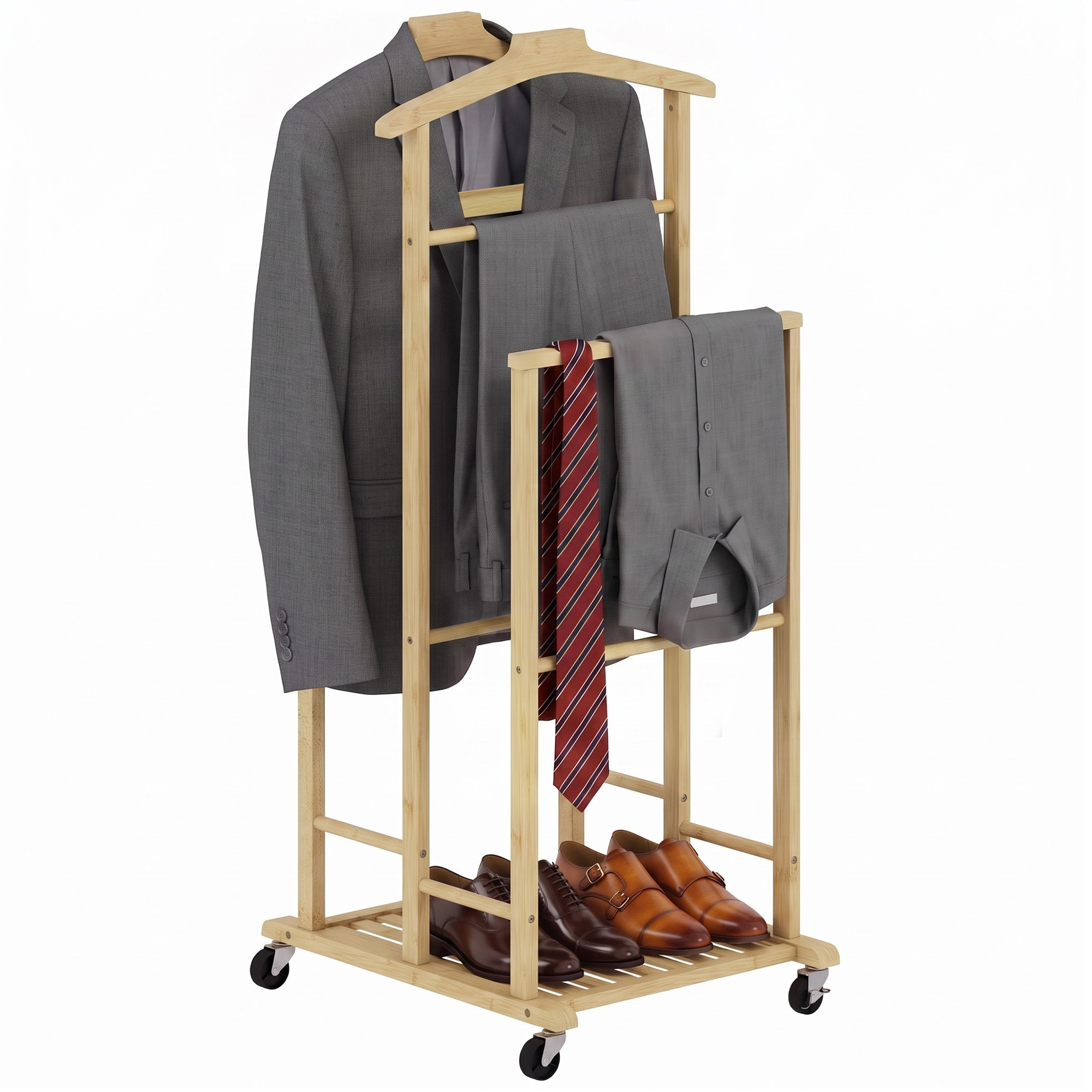 Galán de Noche de Bambú, Perchero Burro con Ruedas, Barras para Ropa, Soporte para Pantalones, Bandeja y Estante Inferior, Perchero para Dormitorio, 41x50x105 cm, Natural