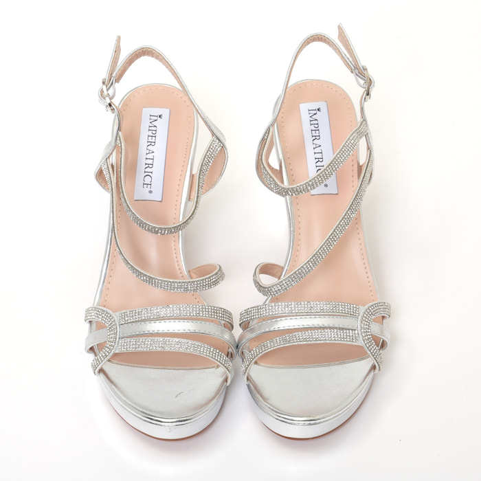 Sandali in simil pelle con tacco alto comodo e fasce ricoperte di strass