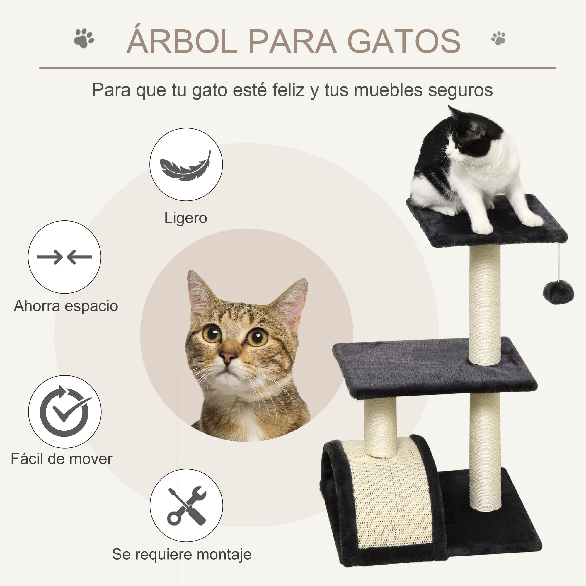 Rascador para Gatos Altura 72 cm Árbol para Gatos Torre de Escalada con Postes de Sisal Tablero para Rascar Plataformas y Bola Colgante Gris Carbón