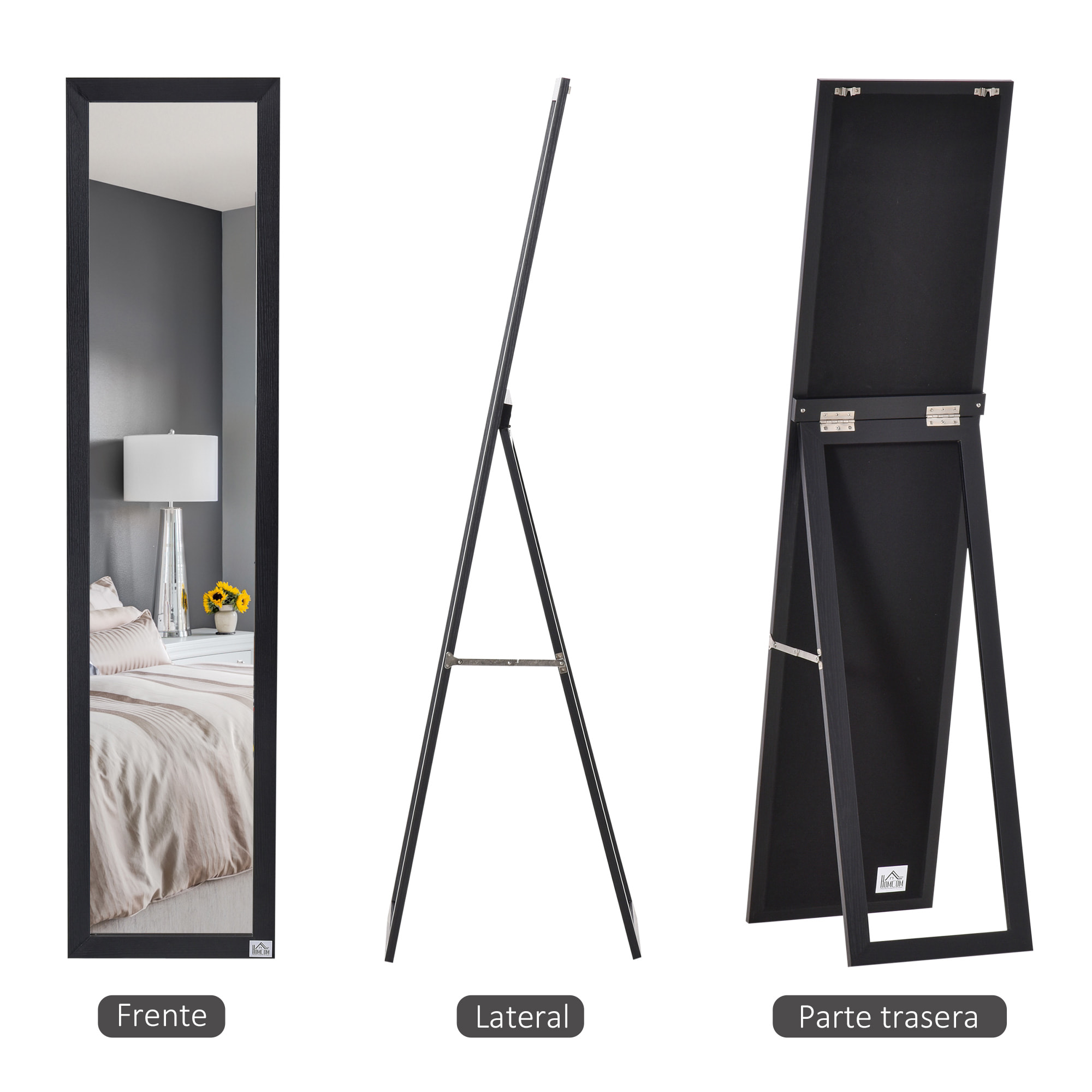 Espejo de Pie Cuerpo Entero Espejo de Pared Rectangular con 2 Formas de Uso Moderno para Pasillo Dormitorio Sala de Estar 37x37x154 cm Negro
