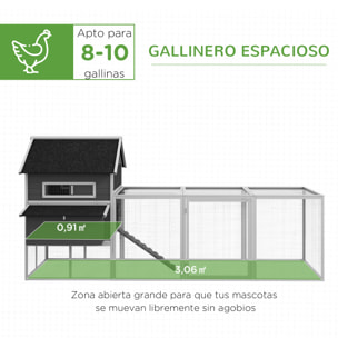 Gallinero para Exterior Gallinero de Madera Jaula Grande para 8-10 Gallinas con 2 Ponederos Techo Asfáltico Bandeja Extraíble y Rampa 347x160x150 cm Gris y Blanco