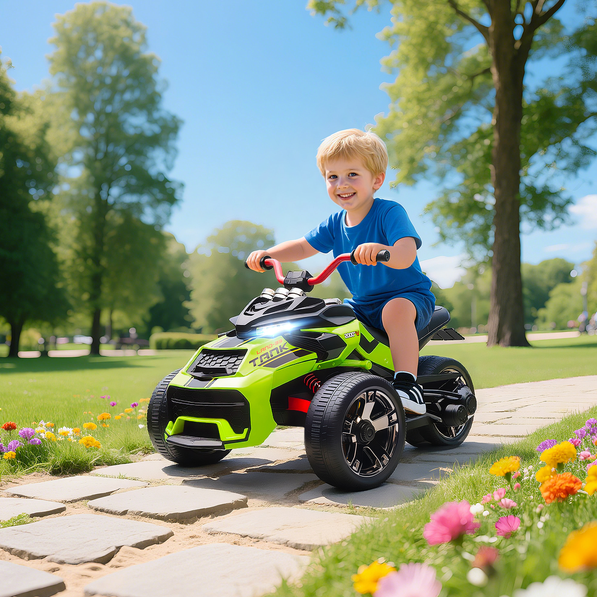 Quad Eléctrico para Niños 12V, Quad para Niños de 3-8 Años, con 2 Motores, Velocidad hasta 5 km/h, 3 Ruedas, Sistema de Suspensión, Faros, Bocina, Música, USB, Verde
