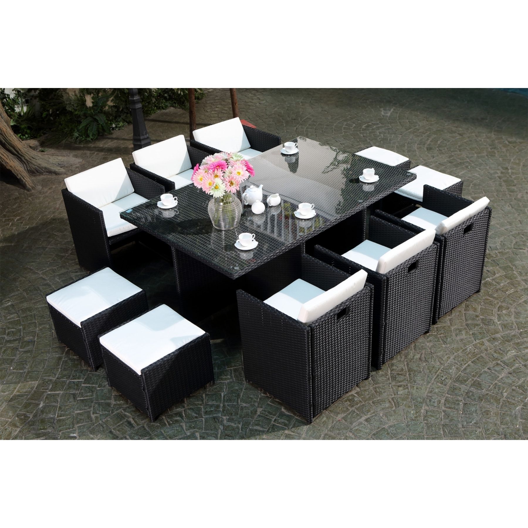 Salon de jardin 10 places noir-blanc + housse de protection REGINA