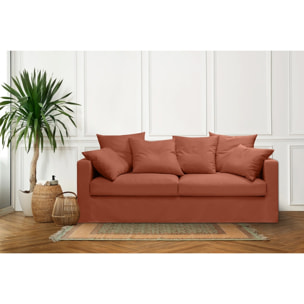 Canapé lin 4 pl SOFIA 197 cm fixe tissu Terracotta 100% déhoussable – Fab France