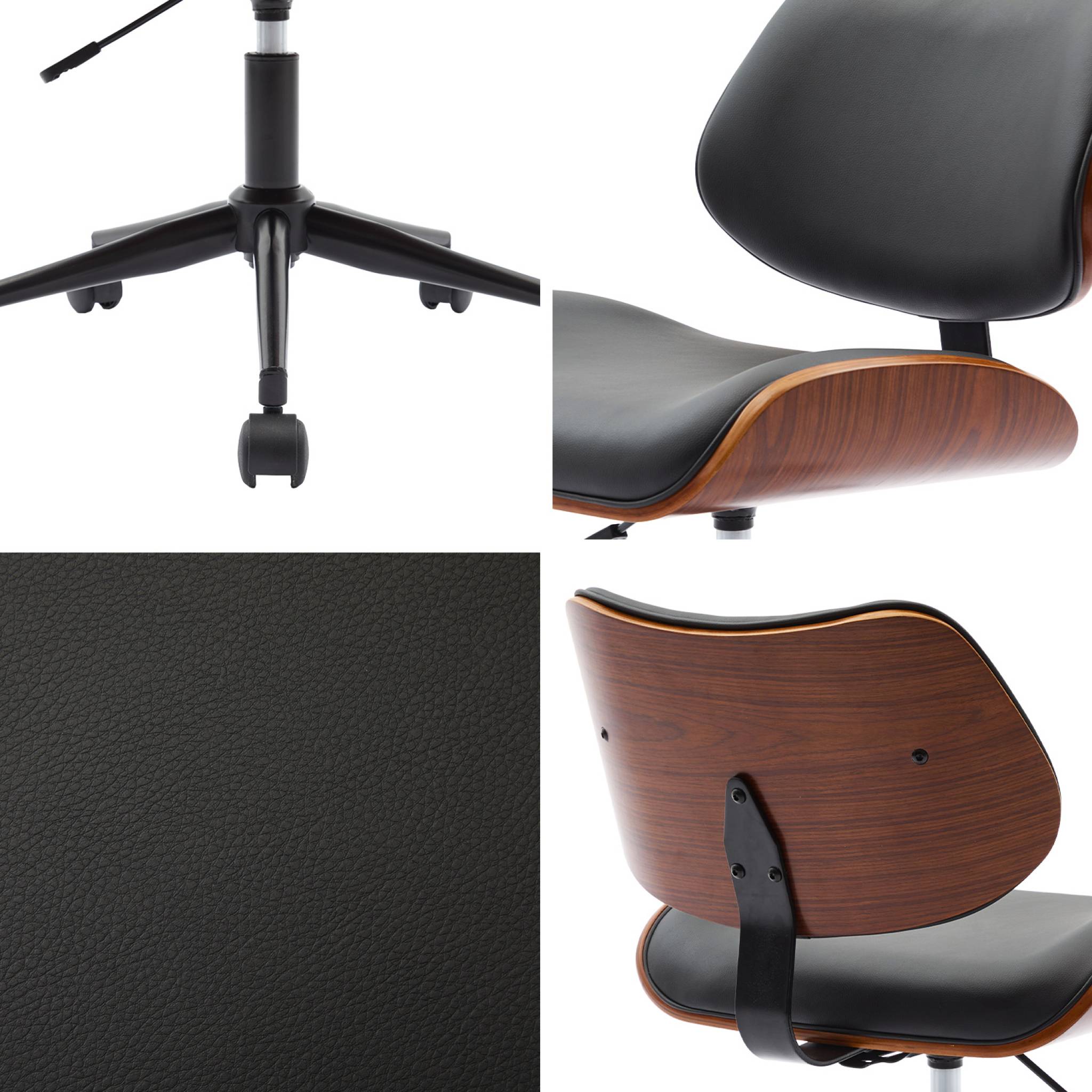 Chaise de bureau à roulettes décor bois courbé placage effet noyer et simili cuir noir