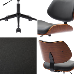 Chaise de bureau à roulettes décor bois courbé placage effet noyer et simili cuir noir