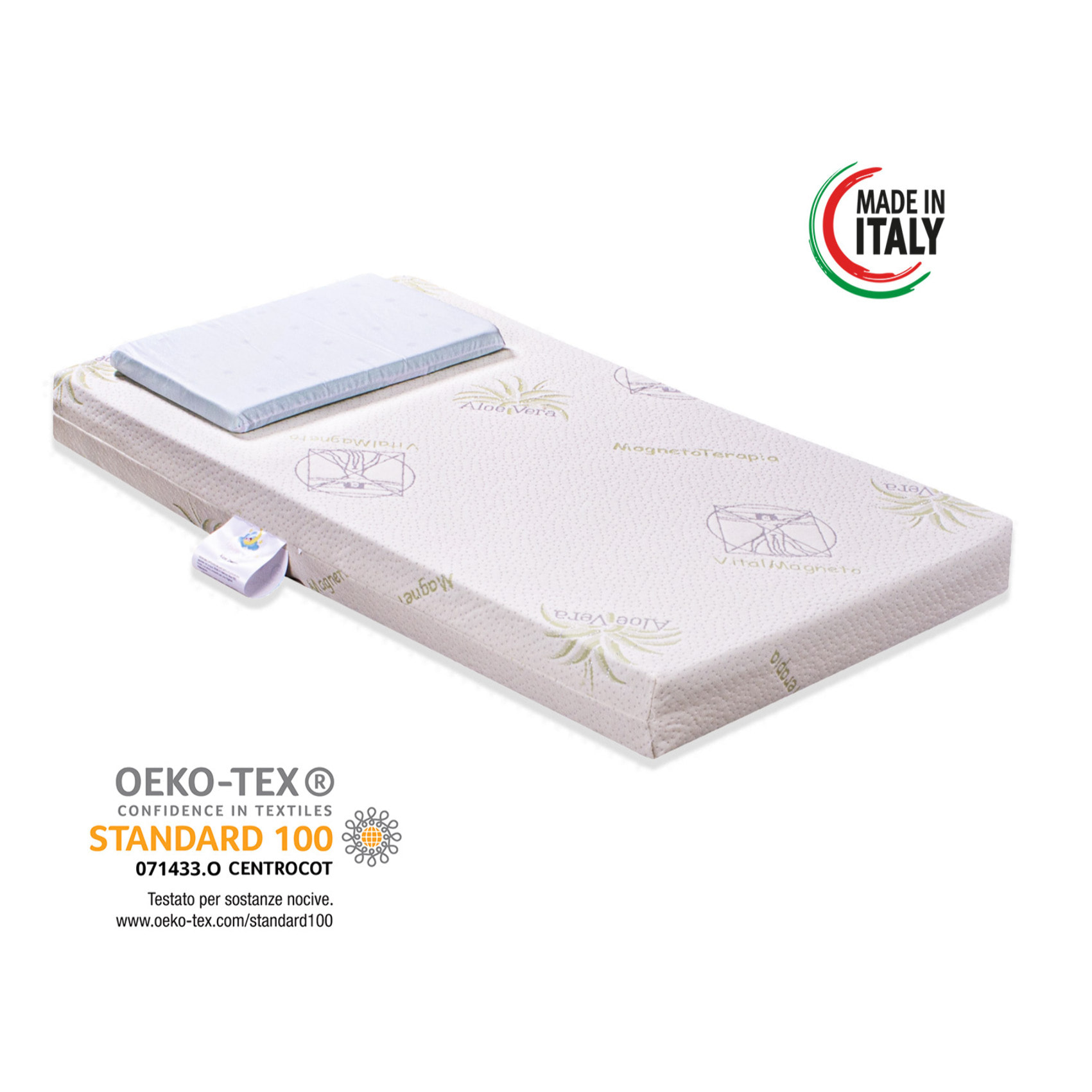 Materasso per culla lettino ALOE DREAM antisoffoco misura 64x124 cm alto 12 cm con rivestimento sfoderabile e lavabile in lavatrice con cuscino antisoffoco in omaggio.