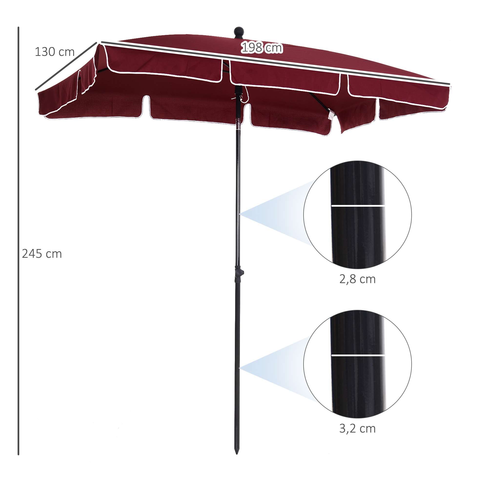 Sombrilla de Poliéster Aluminio 2x1,25x2,35m Rojo Vino