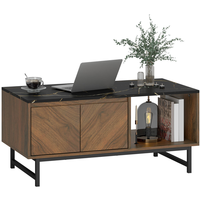 Table basse, table de salon avec plateau effet marbre, 2 portes et 2 compartiments ouverts, cadre en acier, 100 x 50,8 x 45,7 cm