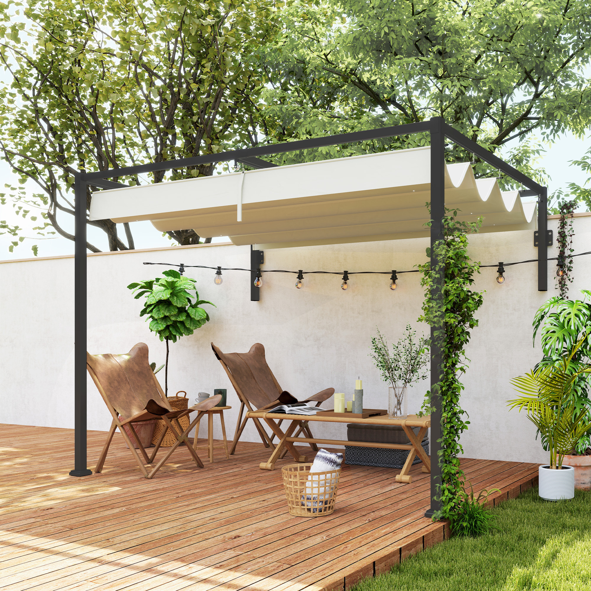 Pérgola con Techo Retráctil Pérgola de Pared 3x2 m Cenador con Tela de Poliéster Resistente al Agua Pabellón para Jardín Patio Terraza Exterior Crema