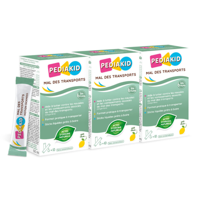 PEDIAKID - Mal des Transports - Complément alimentaire aux extraits de plantes & fibres - Aide à lutter contre les nausées et vomissements - Format sticks prêts à boire - Lot de 3
