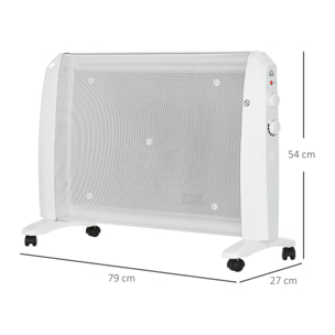 Calefactor Eléctrico 1000W/2000W Radiador de Mica con 2 Niveles de Potencia Termostato Regulable y 4 Ruedas para Sala de 15-20 m² Silencioso 79x27x54 cm Blanco