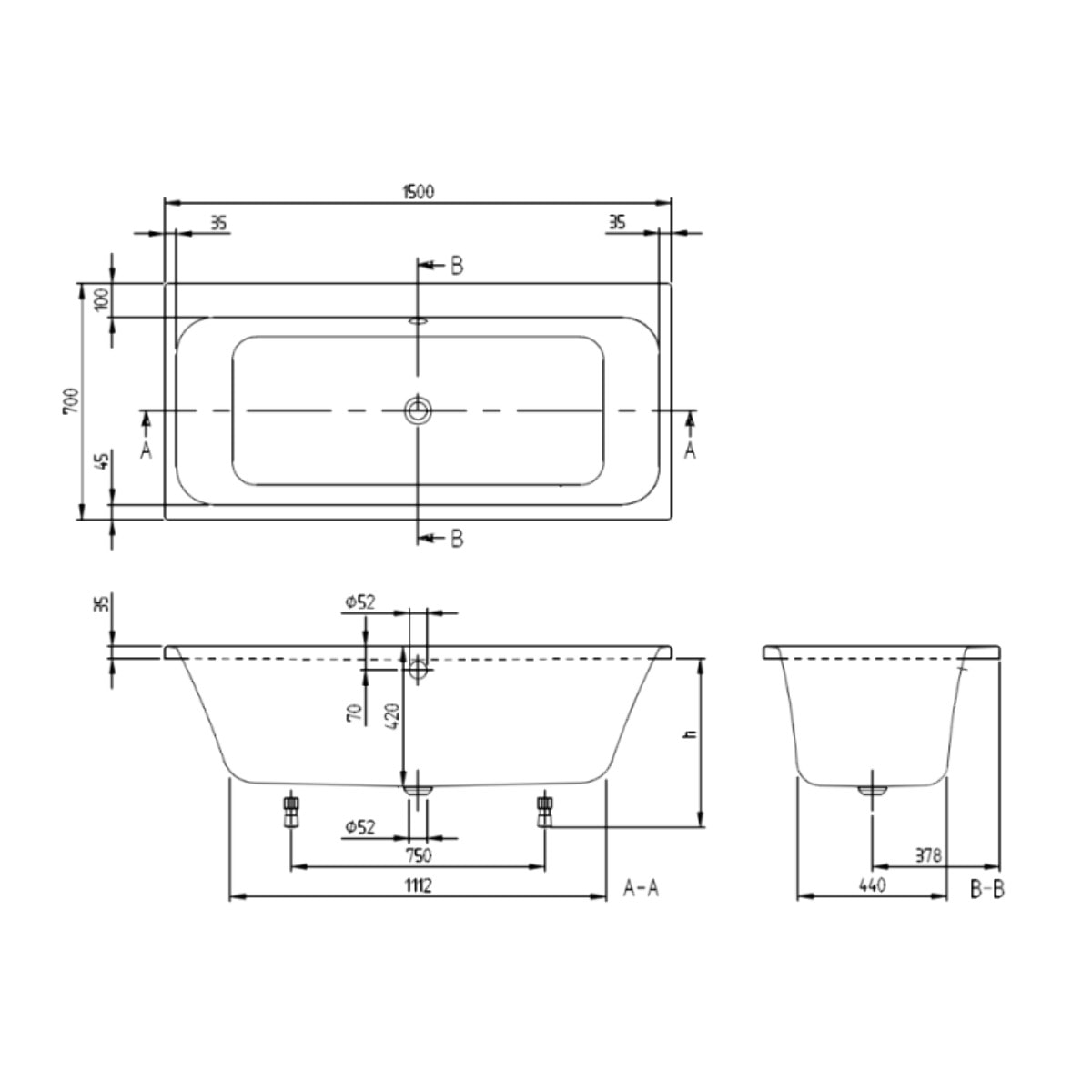 Baignoire droite VILLEROY & BOCH Architectura 150 x 70 cm Blanc + Pare bain gauche AURYS Raywall Noir mat