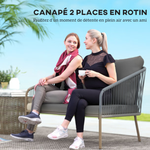 Canapé de jardin 2 places style bohème chic avec coussins assise dossier acier résine filaire gris
