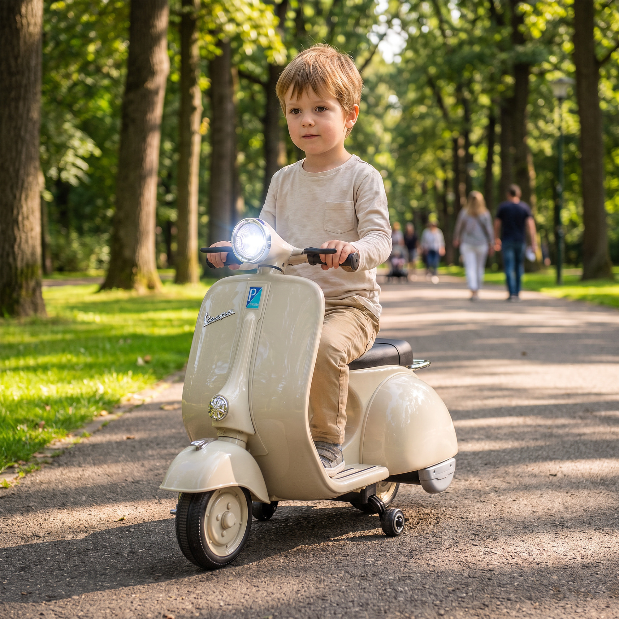 Moto Eléctrica para Niños Licencia VESPA 6V, Moto Eléctrica Infantil con Arranque Suave, Ruedines Desmontables, Luz Delantera, Música, Bocina, USB, Avance, Atrás, para Niños +3 Años, Blanco