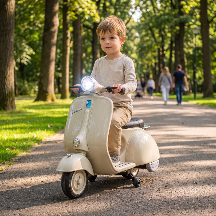 Moto Eléctrica para Niños Licencia VESPA 6V, Moto Eléctrica Infantil con Arranque Suave, Ruedines Desmontables, Luz Delantera, Música, Bocina, USB, Avance, Atrás, para Niños +3 Años, Blanco