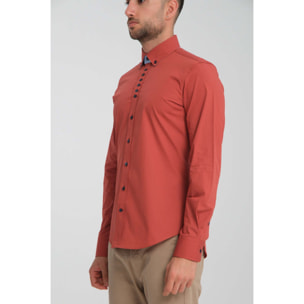 Camicia Uomo 1 Bottoni Button Down Slim Popeline Stretch Unito Rosso Mattone