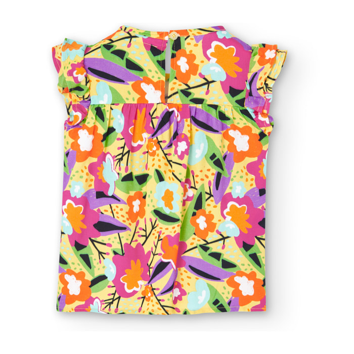 Blusón niña, viscosa estampada, flores, amarillo, mangas