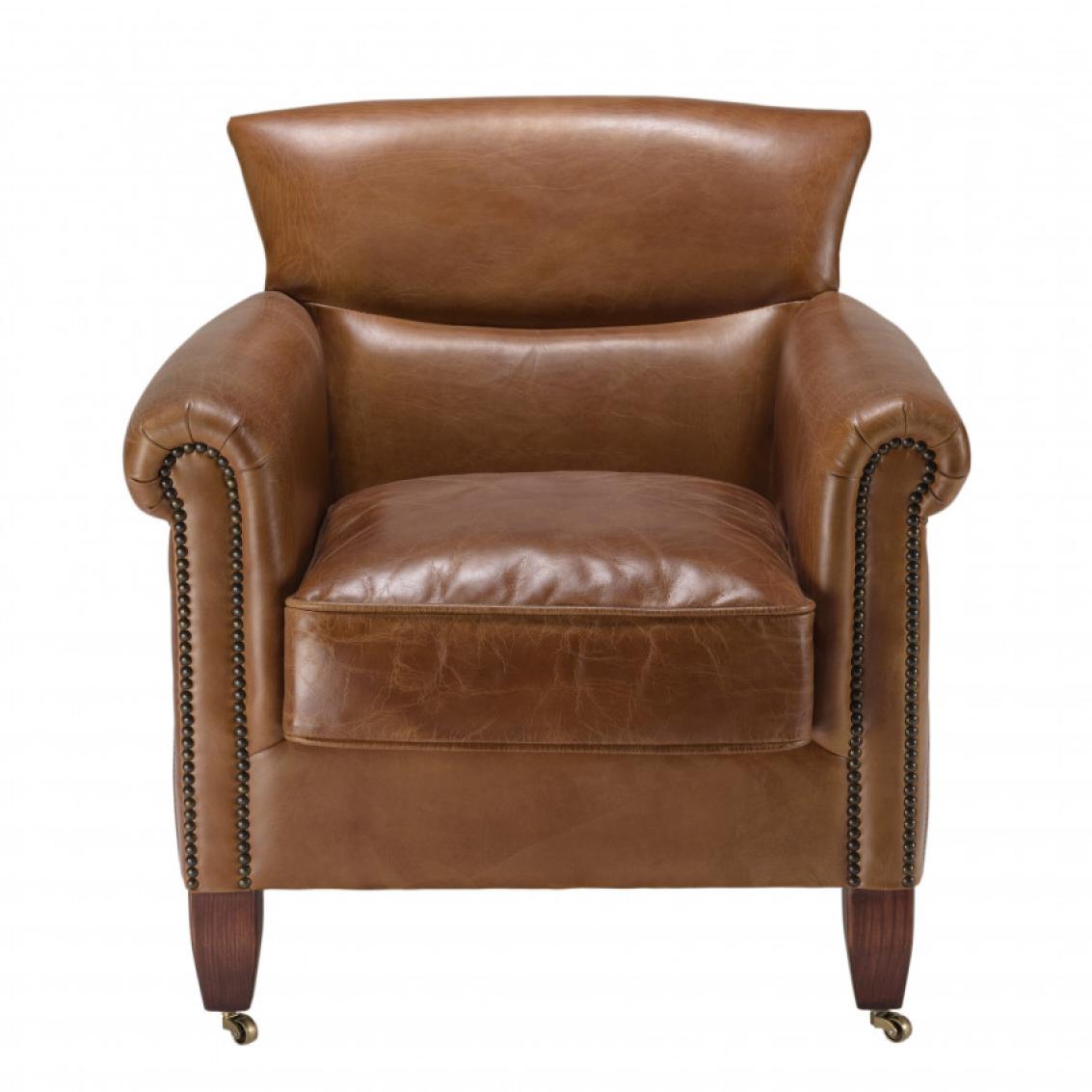 GASTON - Fauteuil marron VERONE vintage cuir pieds bois avec roulettes