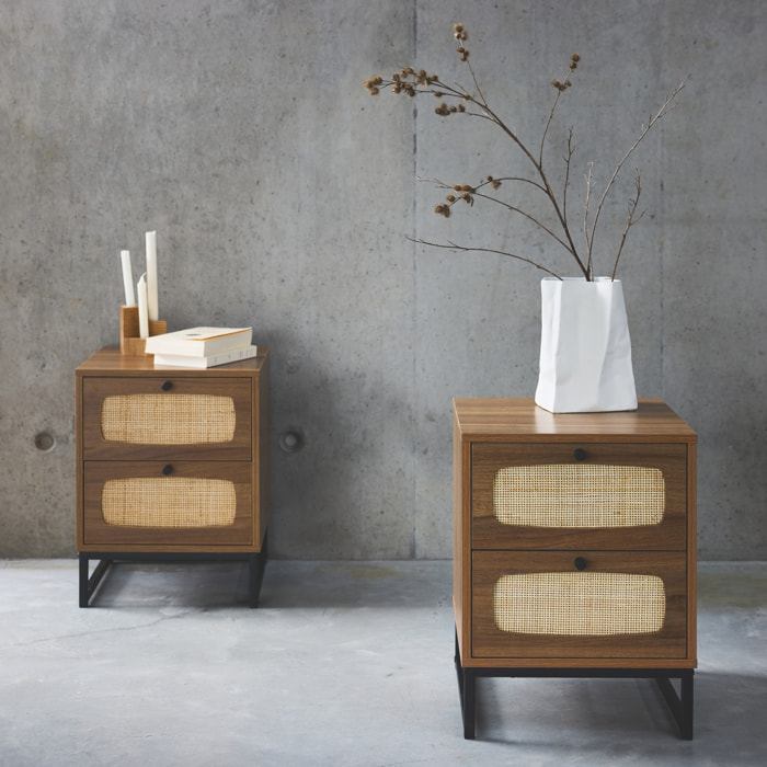 Table de chevet décor bois et cannage 2 tiroirs (lot de 2) RETRO