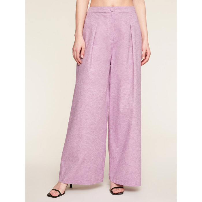 Motivi - Pantalón modelo palazzo en tejido de algodón y lino - Violeta