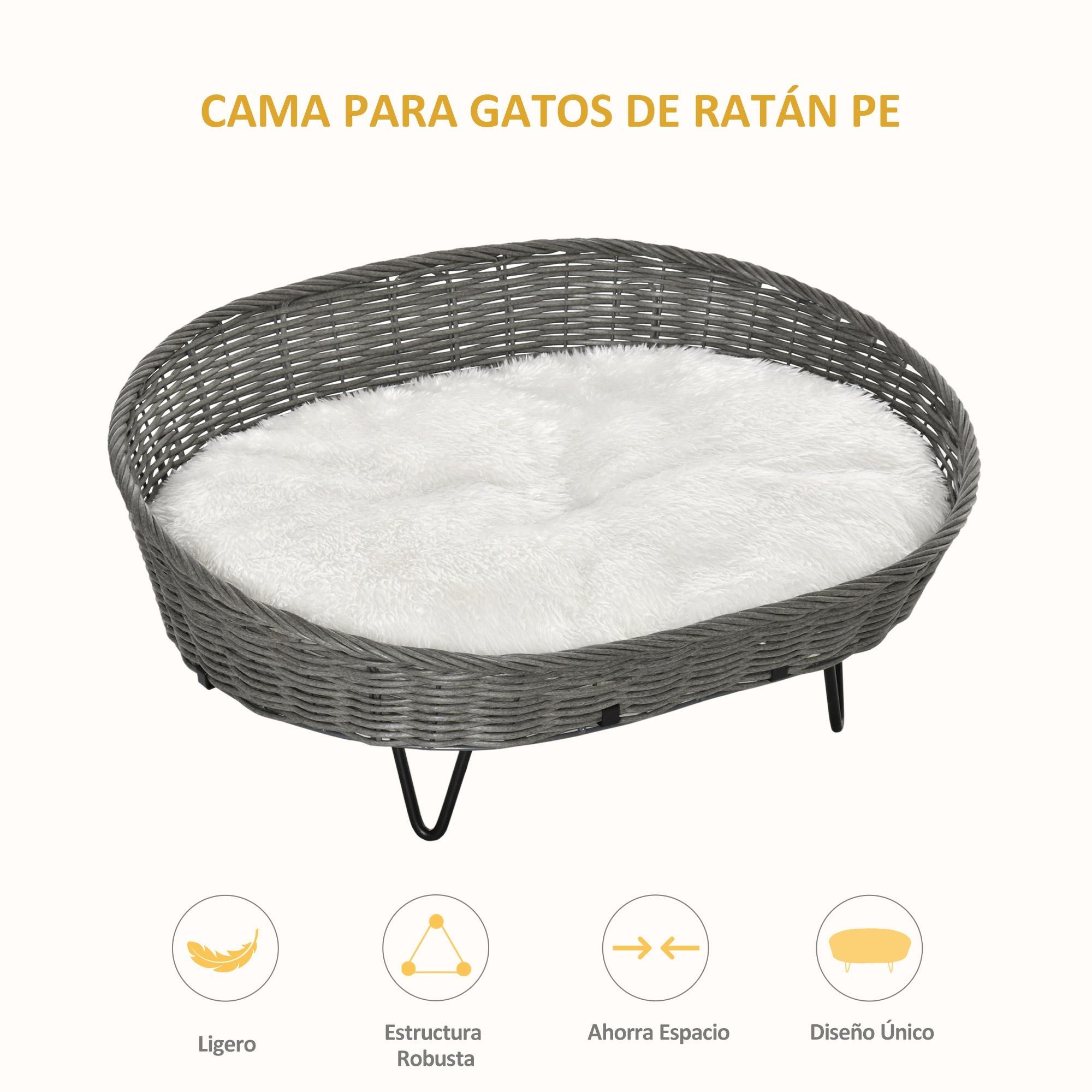 Cama para Perros Gatos de Mimbre Cesta Ratán para Mascotas Medianas Pequeñas con Cojín Lavable y Patas Elevadas de Acero 76x59x32 cm Gris y Blanco