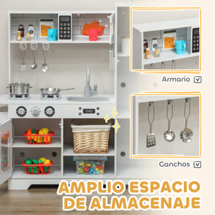 Cocina de Juguete para Niños +3 Años Cocina de Madera Infantil Cocinita Infantil con Fogón Grifo Fregadero Microondas Reloj Máquina de Hielo y Accesorios de Cocina Blanco