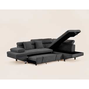 Margaux - Canapé d'angle droit 5 places convertible avec coffre et têtières réglables en velours texturé - Gris