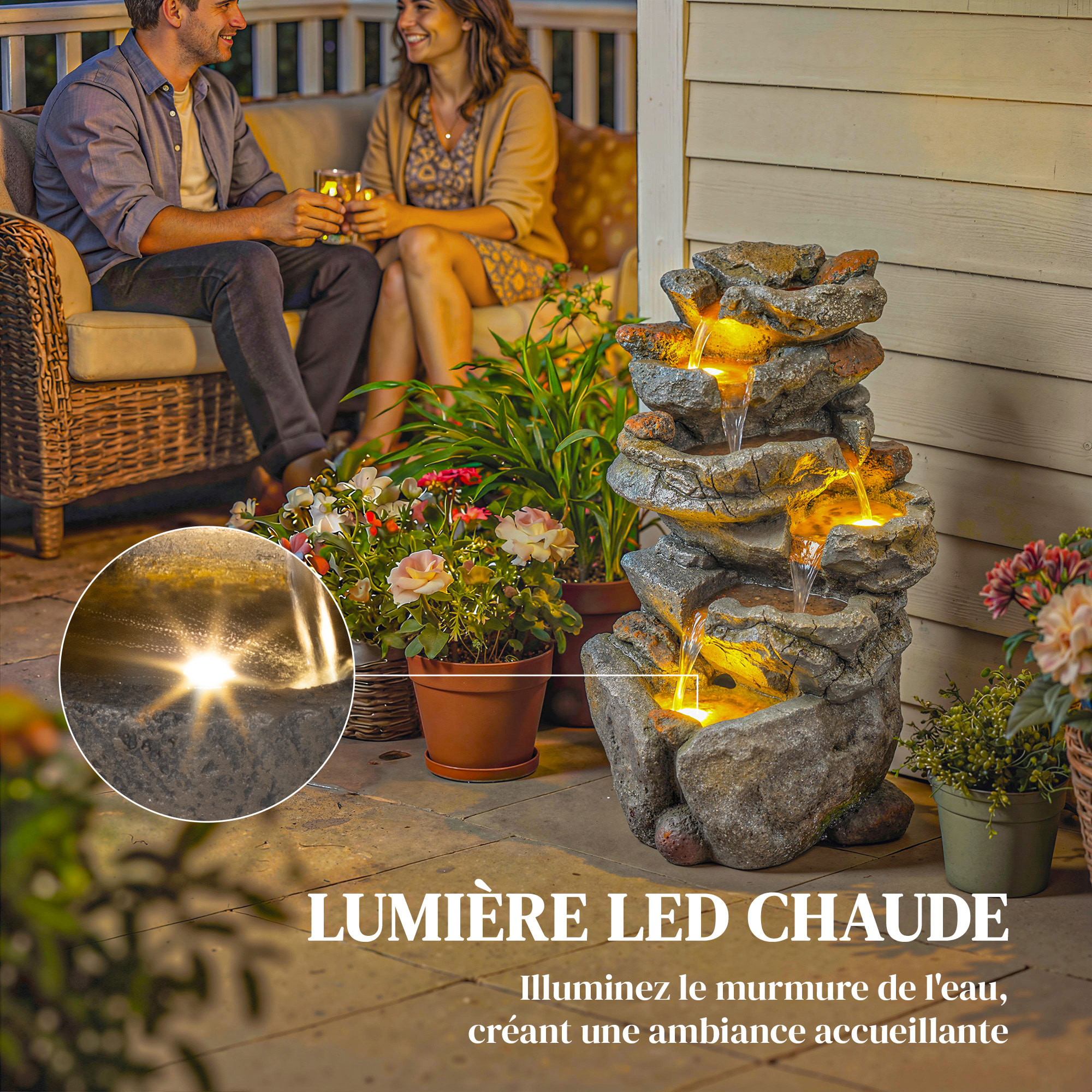 Fontaine de jardin cascade LED 6 niv. effet pierre pompe à eau réglable incluse