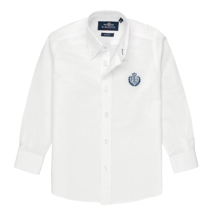 Camicia lino button down con ricamo logo Polo Club St Martin Bianco