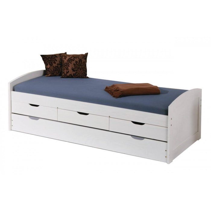 Letto con cassetti contenitore e secondo letto inferiore a estrazione in pino massello verniciato ad acqua bianco, 98 x 205 x 63 cm