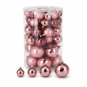 Set de 64 bolas de navidad rosas en 4 tamaños (22x ø4, 14x ø5, 18x ø6 y 10x ø8 cm) en acabado brillante