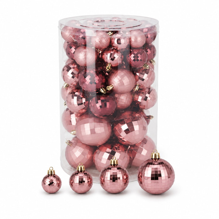Set de 64 bolas de navidad rosas en 4 tamaños (22x ø4, 14x ø5, 18x ø6 y 10x ø8 cm) en acabado brillante