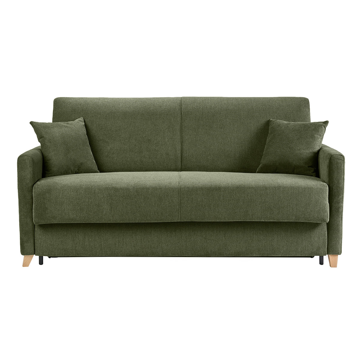 Canapé convertible 3 places en tissu chenille vert foncé et bois clair avec matelas 18 cm SKANDY