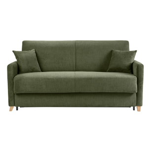 Canapé convertible 3 places en tissu chenille vert foncé et bois clair avec matelas 18 cm SKANDY
