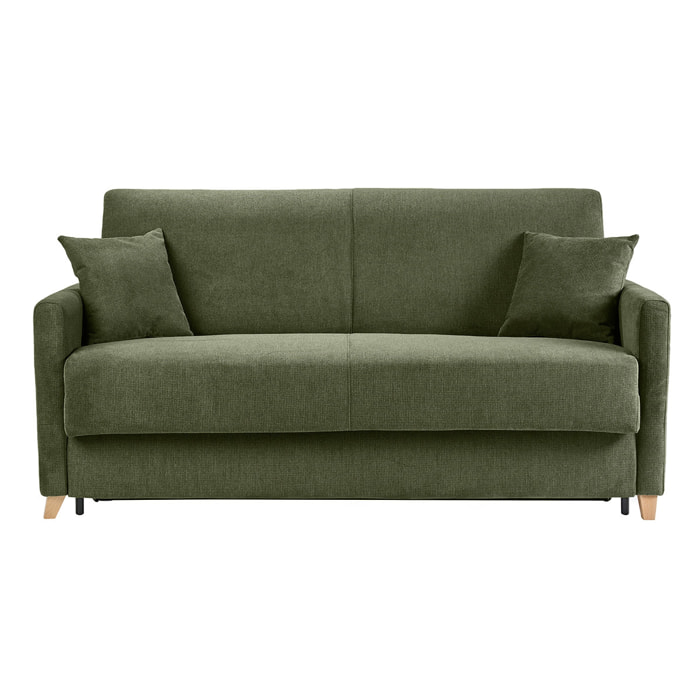 Canapé convertible 3 places en tissu chenille vert foncé et bois clair avec matelas 18 cm SKANDY