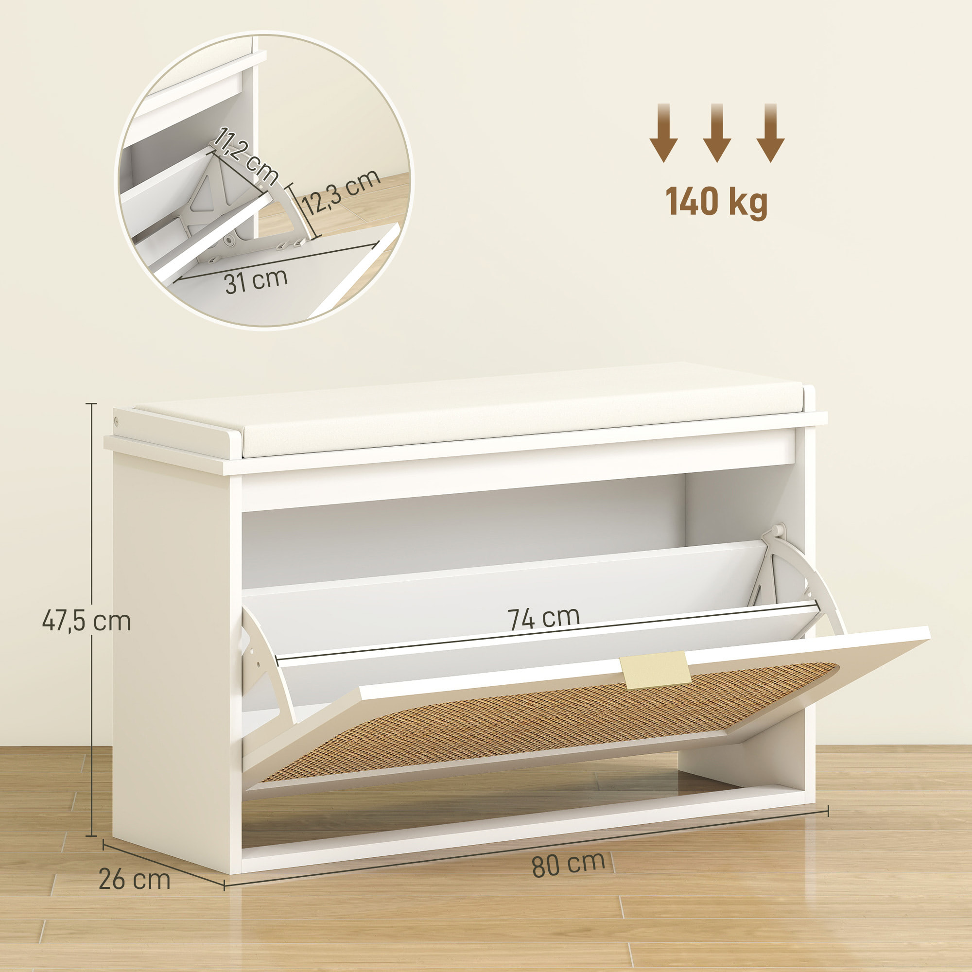 Banco Zapatero Boho, Banco Recibidor Estrecho con Asiento Acolchado, Puerta de Ratán, Cajón Abatible, Estante Ajustable, para 8 Pares de Zapatos, para Entrada, Dormitorio, 80x26x47,5 cm, Blanco
