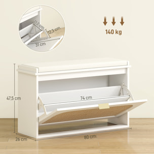 Banco Zapatero Boho, Banco Recibidor Estrecho con Asiento Acolchado, Puerta de Ratán, Cajón Abatible, Estante Ajustable, para 8 Pares de Zapatos, para Entrada, Dormitorio, 80x26x47,5 cm, Blanco