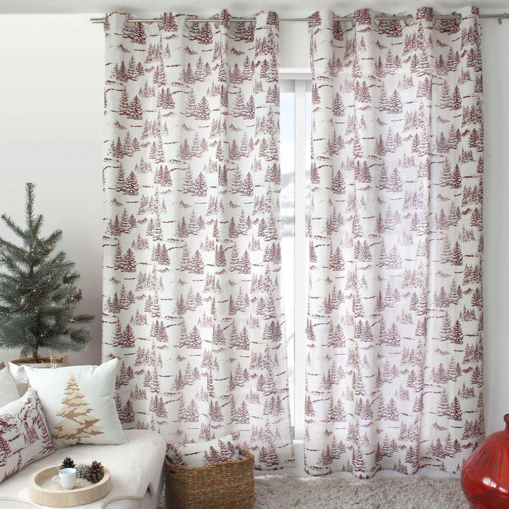 Rideau imprimé montagne en coton recyclé - Rouge