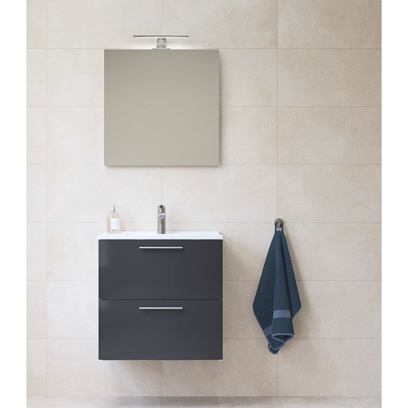 Mia ensemble meuble préassemblé 59x61x39,5 cm avec lavabo, miroir et éclairage LED, Anthracite brillant (MIASET60A)