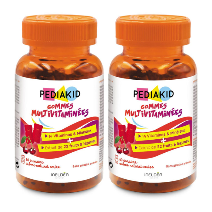 PEDIAKID - Gommes Multivitaminées - Formule Naturelle au Délicieux Arôme de Cerise - Contribue à la Réduction de la Fatigue - Soutient les Défenses Naturelles de l'Organisme - Lot de 2 piluliers