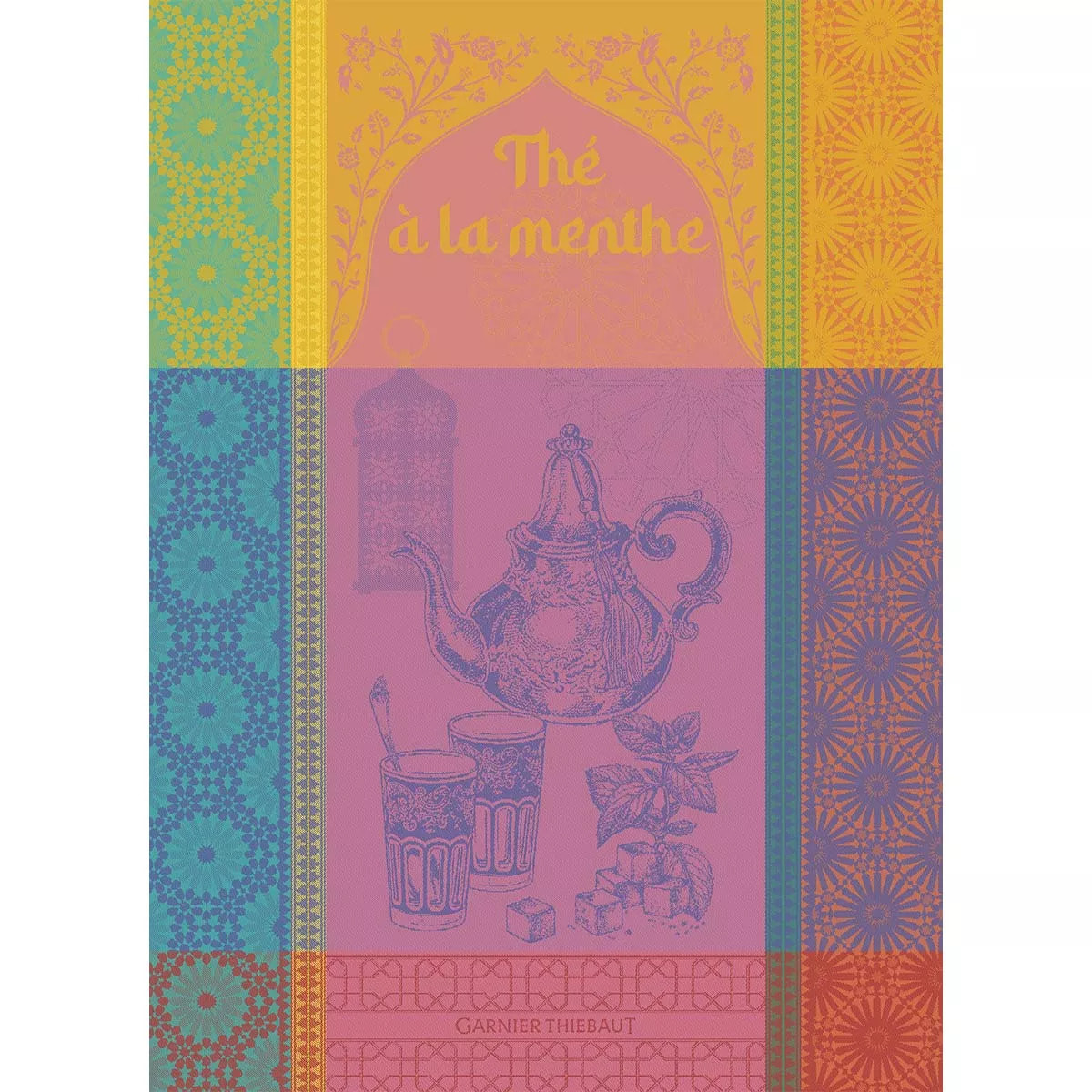 Torchon pur coton motif jacquard multicolore The menthe rose