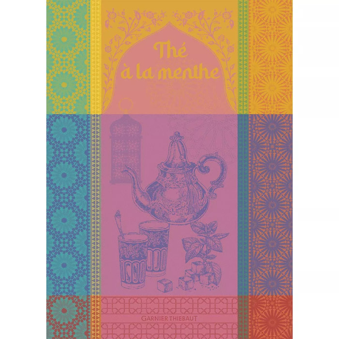 Torchon pur coton motif jacquard multicolore The menthe rose