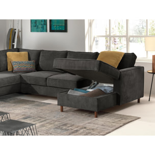 Jake - canapé panoramique d'angle gauche - convertible avec coffre - 7 places - en velours côtelé - Gris foncé