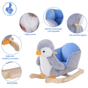 Caballito Balancín para Bebés de +18 Meses Forma de Pingüino Caballo Balancín de Madera con Músicas Infantiles y Palos Carga 40 kg 60x33x50 cm Gris