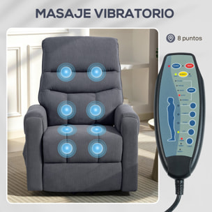 Sillón Relax Reclinable Eléctrico Levanta Personas, Sillón Elevador con 8 Puntos de Masaje, 2 Controles Remotos, Reposapiés, Tapizado en Pana, Acolchado Grueso, Bolsillo Lateral, Gris
